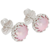 Round pink pearl sterling silver earrings with floral accents, elegant and chic jewelry piece.